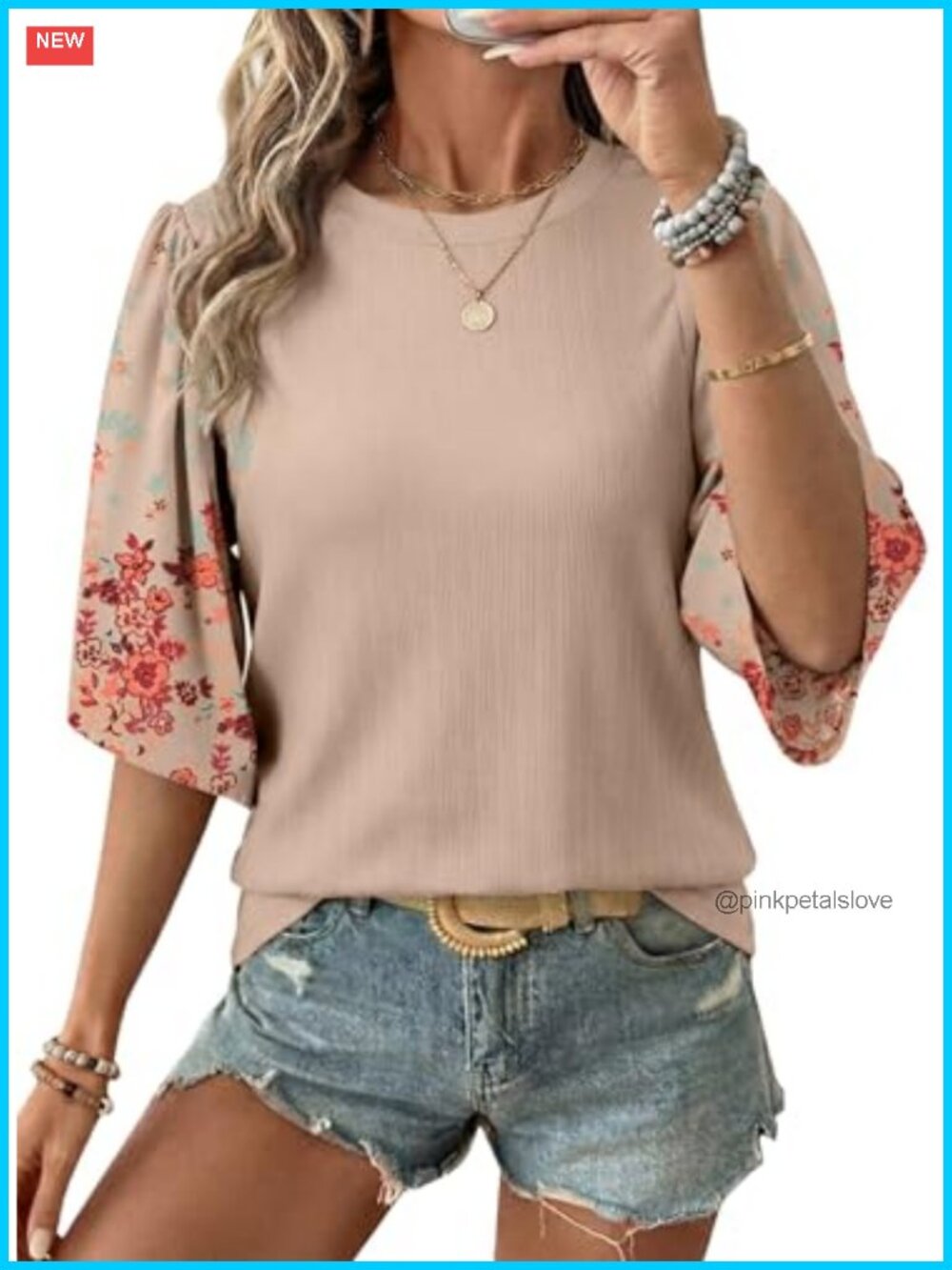 EVALESS Bell Sleeve Floral Patchwork Ribbed Cotton Top Teacher